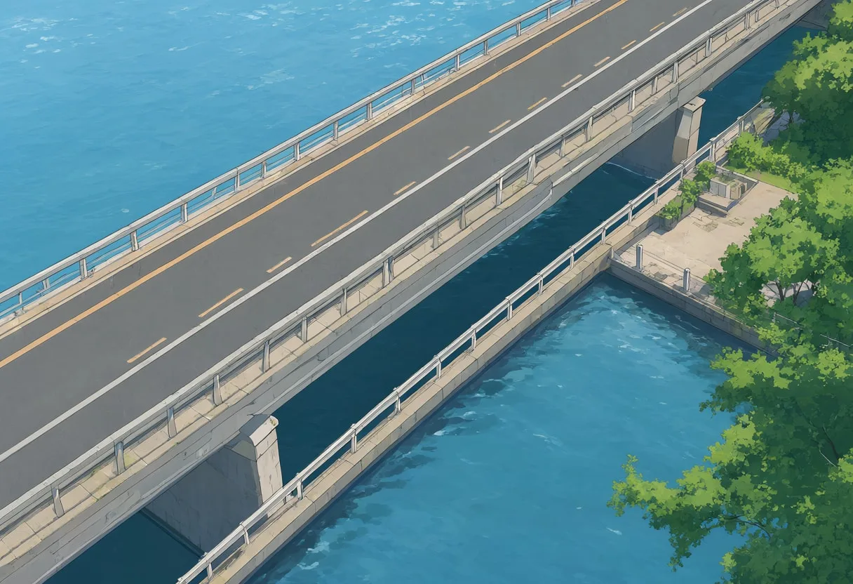 Bridge canal from a high vantage point, low angle