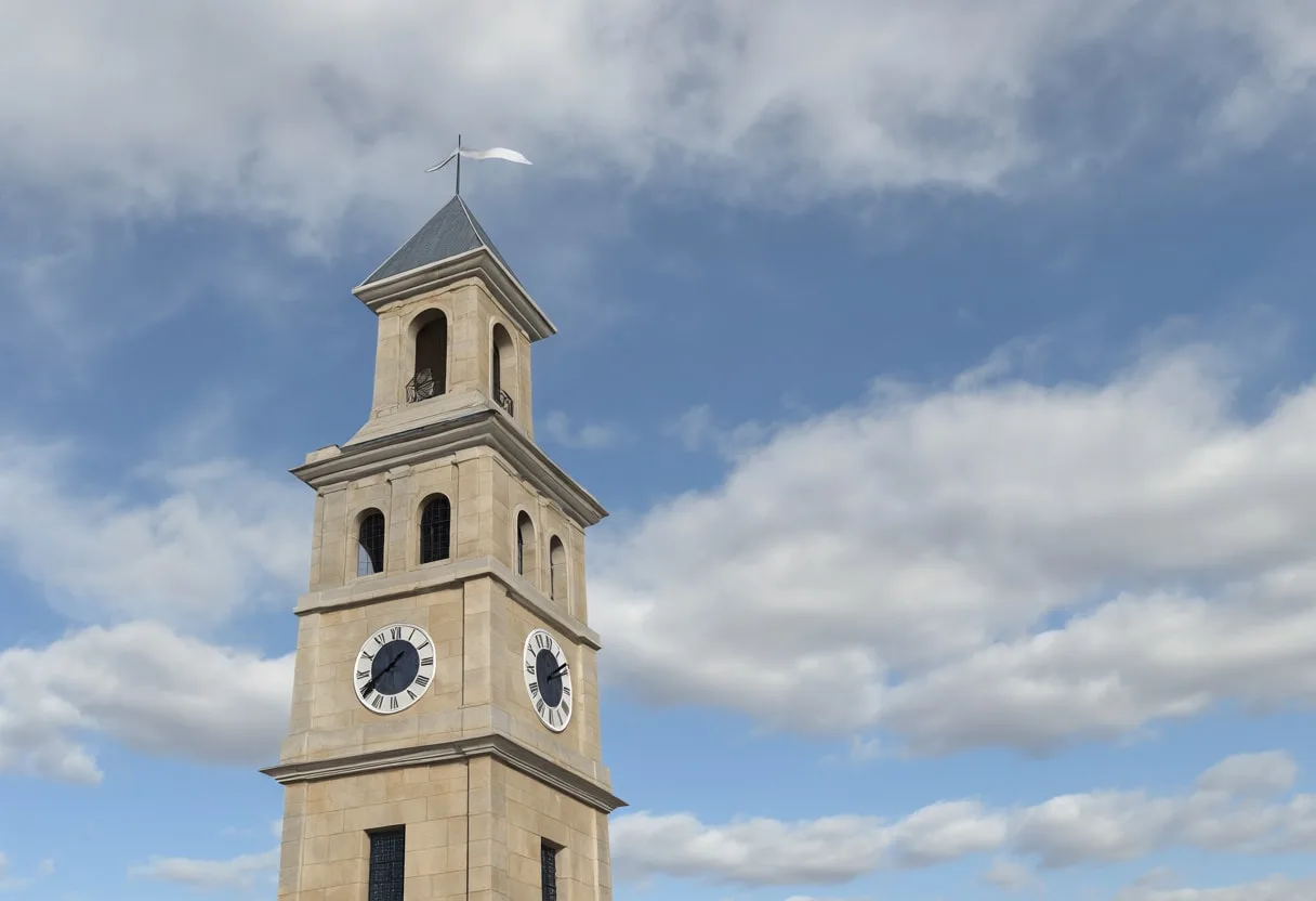 Old clock tower with dramatic clouds, low angle