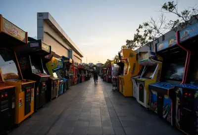 Arcade passage at golden hour, low angle