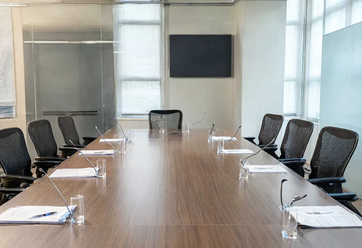 Boardroom table in soft daylight, wide angle