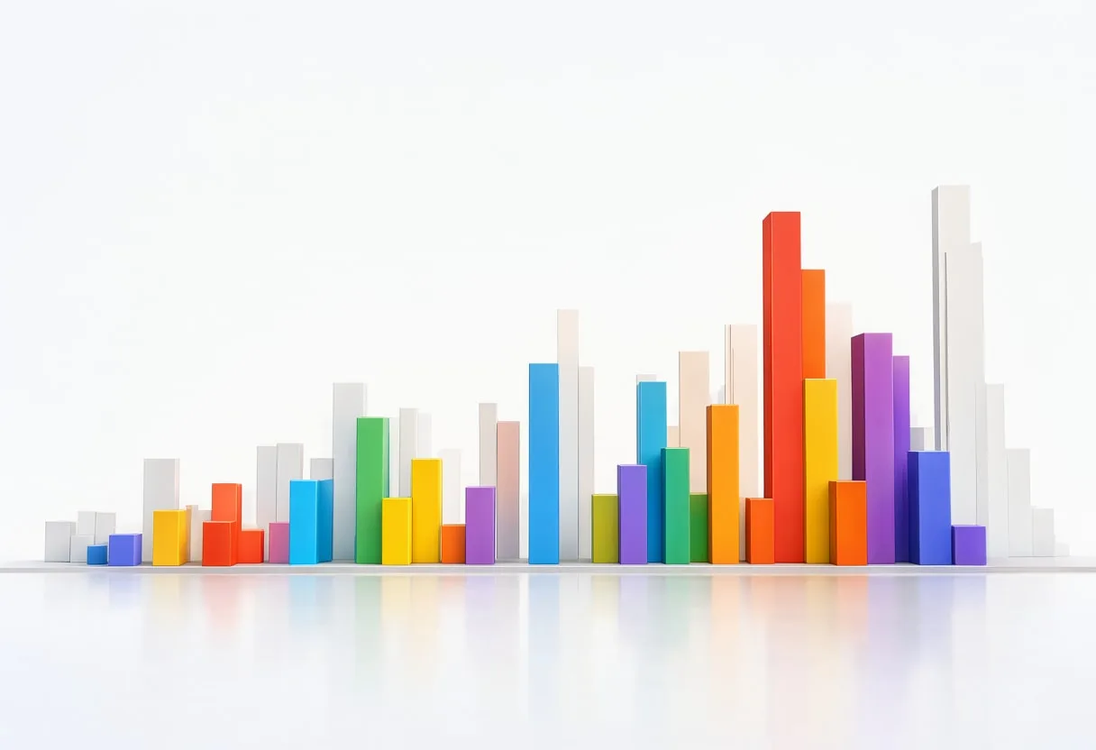 Rising bar chart in a minimal setting, wide angle