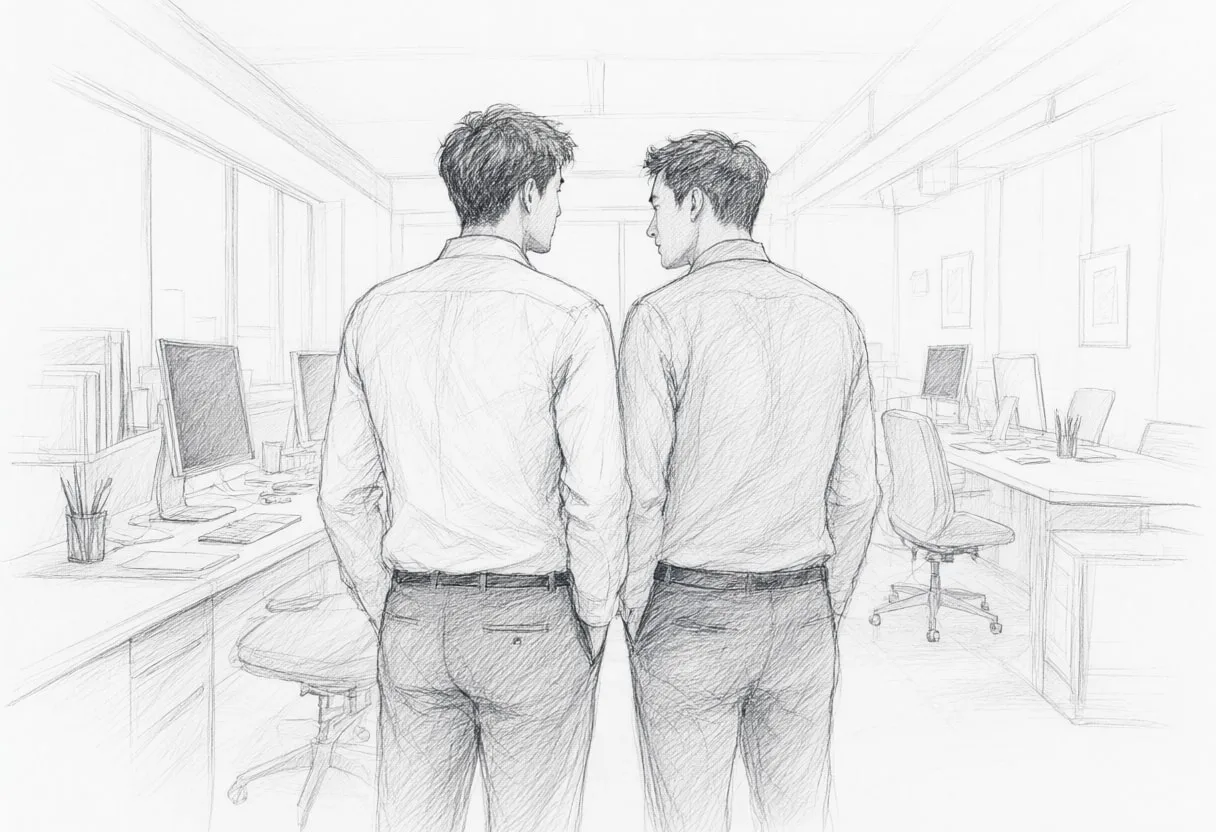 Two colleagues from behind with cool clean light, wide angle