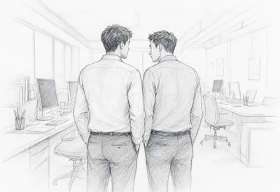 Two colleagues from behind with cool clean light, wide angle