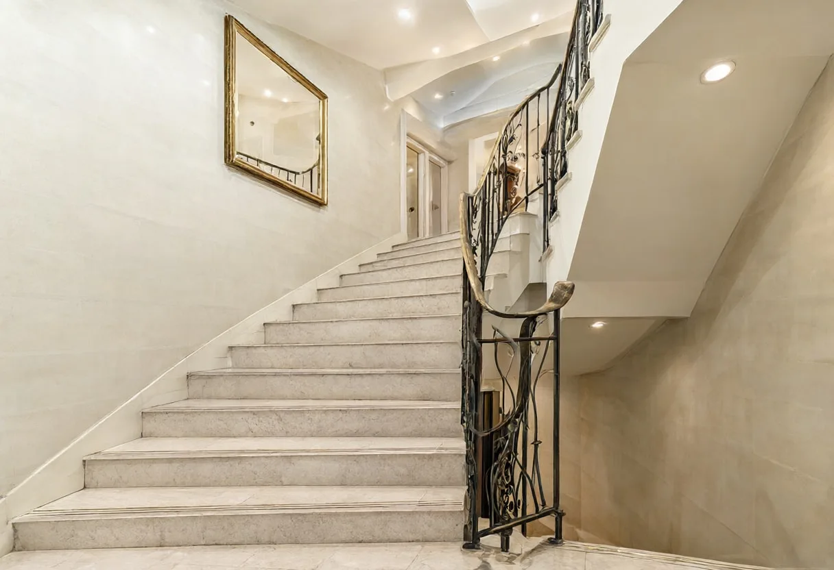 Lobby staircase in soft daylight, wide angle