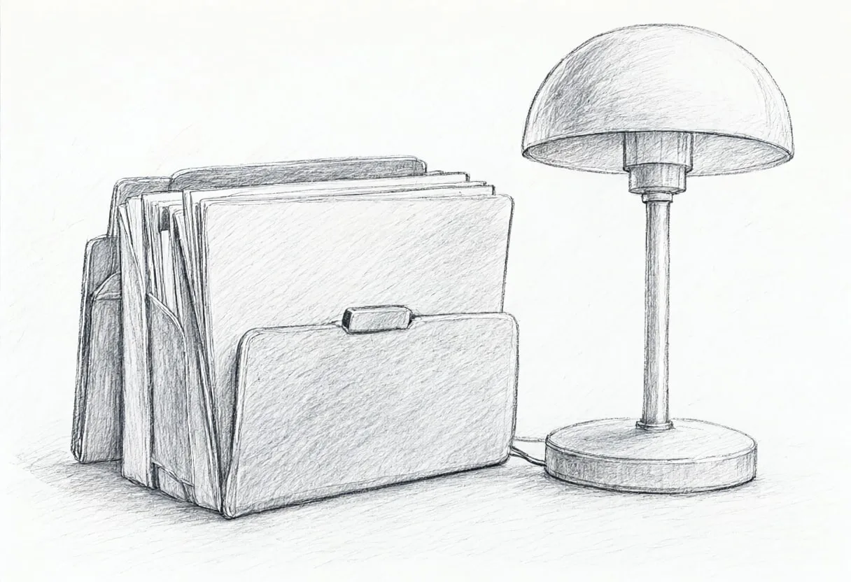 Folders and lamp with cool clean light, wide angle