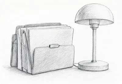 Folders and lamp with cool clean light, wide angle