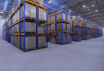 Warehouse aisle at dusk, wide angle