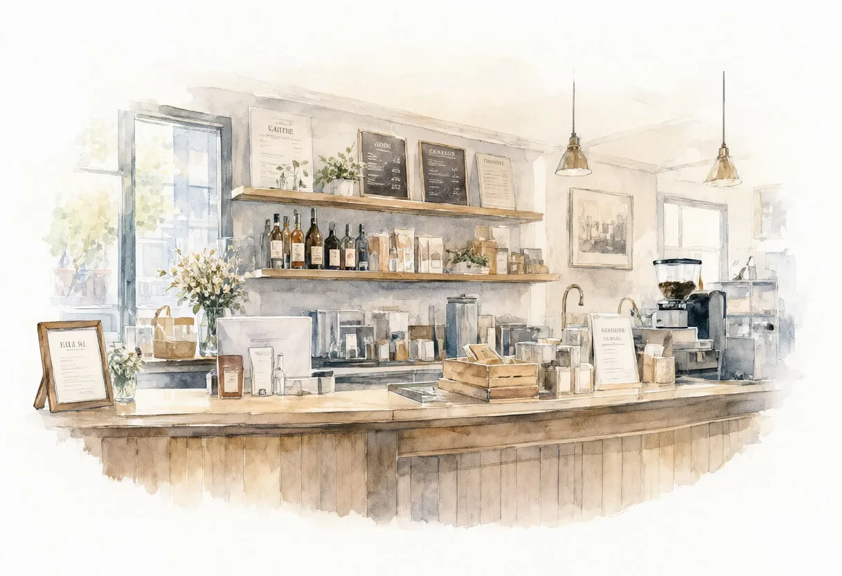 Shop counter in muted tones, wide angle