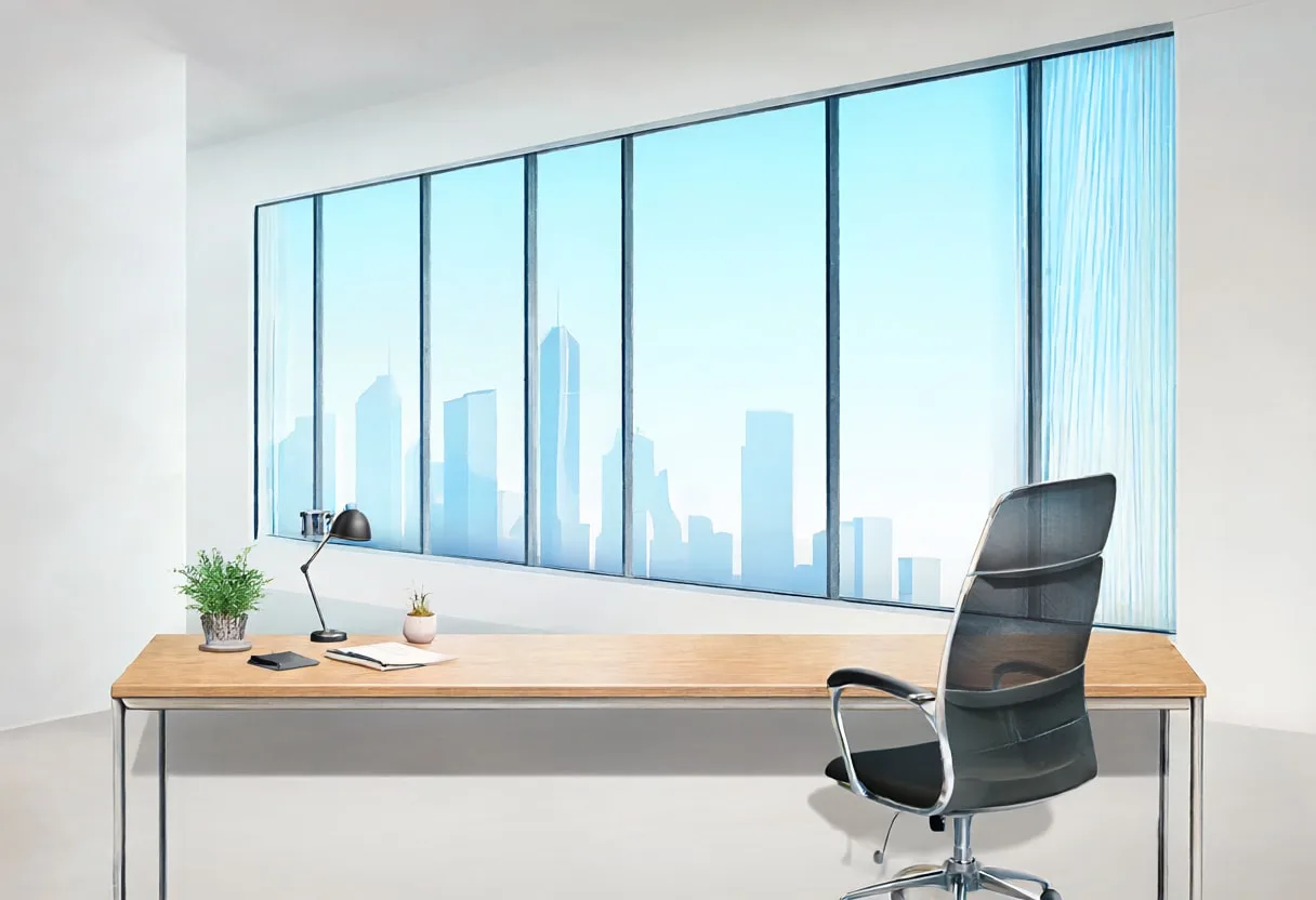 Window desk in a minimal setting, wide angle