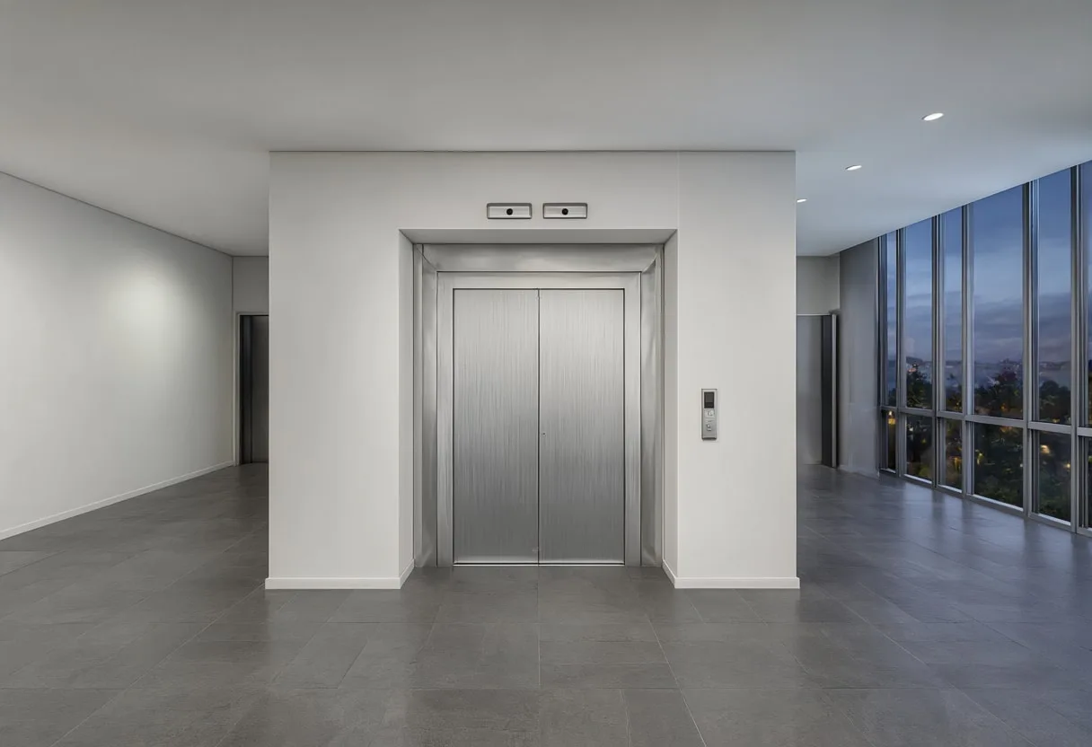 Elevator lobby at dusk, wide angle