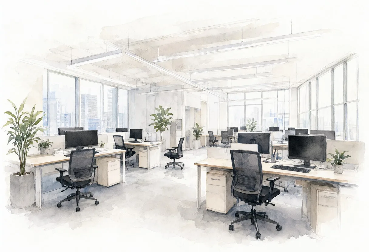 Open plan office in muted tones, wide angle