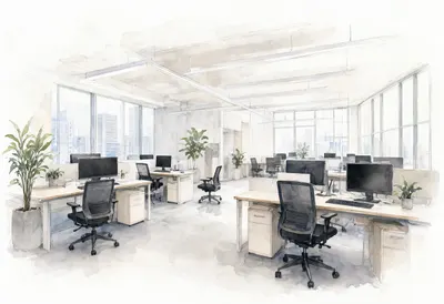 Open plan office in muted tones, wide angle