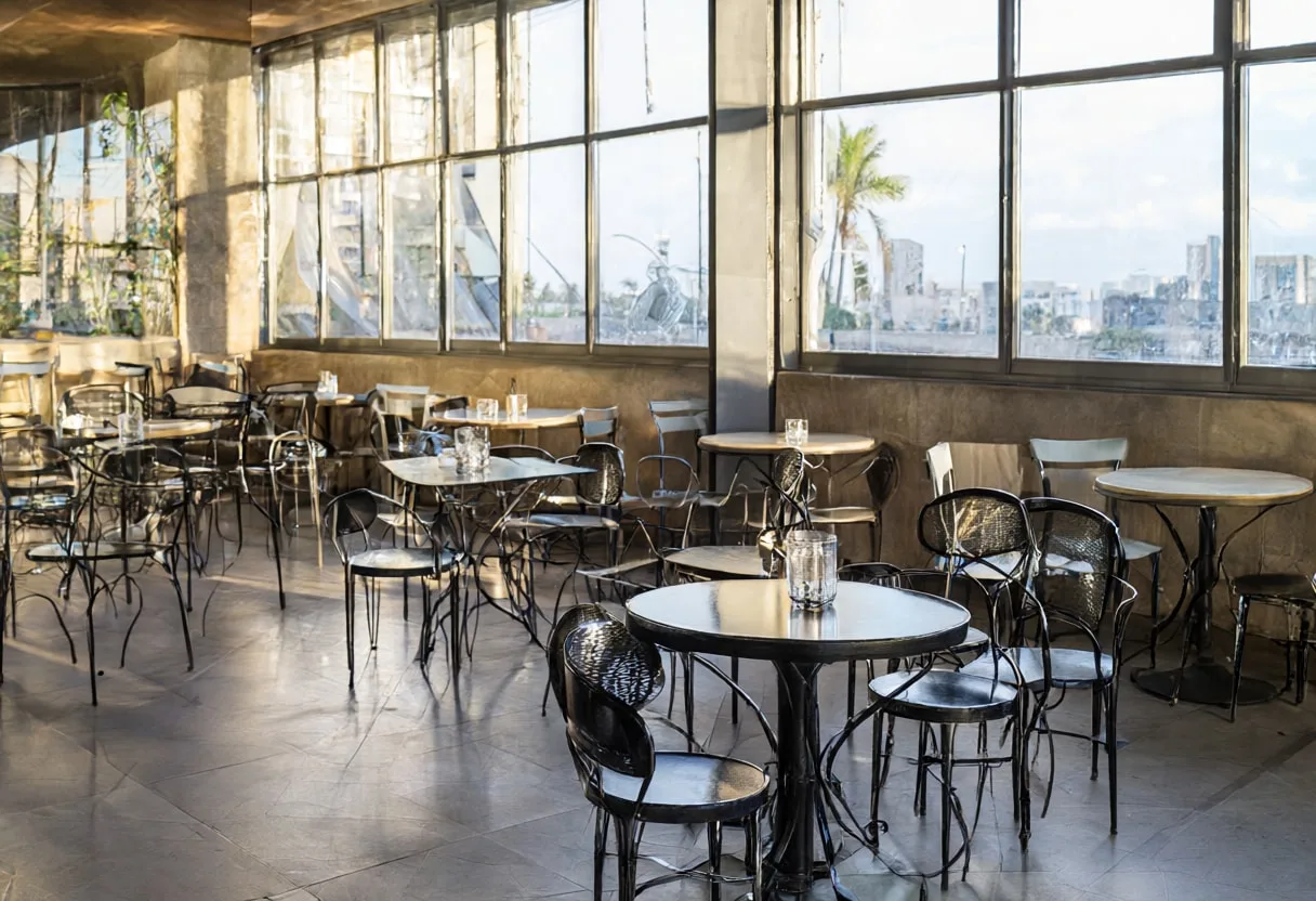 Rooftop table with warm window light, wide angle