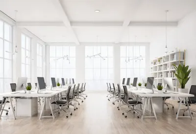 Startup loft in a minimal setting, wide angle