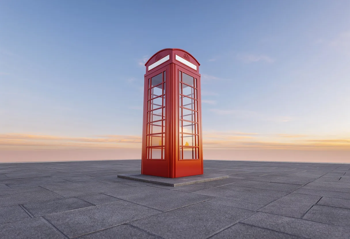 Phone booth corner at dusk, wide angle