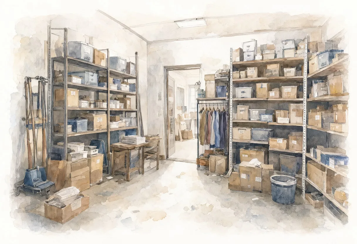 Storage room in muted tones, wide angle