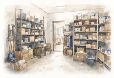 Storage room in muted tones, wide angle