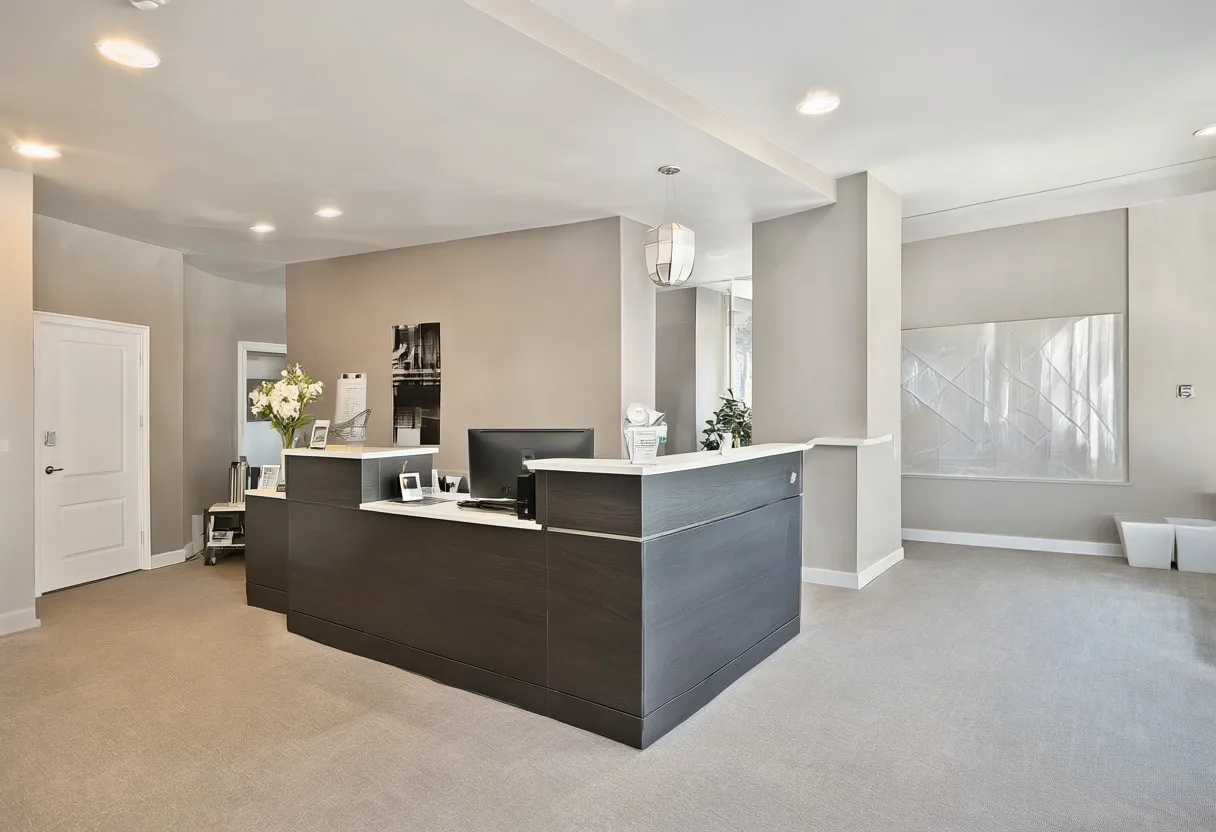 Reception desk in soft daylight, wide angle