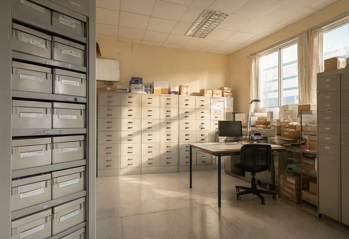 Mail room with warm window light, wide angle