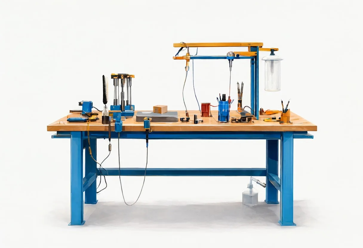 Workshop bench in a minimal setting, wide angle