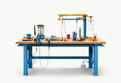Workshop bench in a minimal setting, wide angle