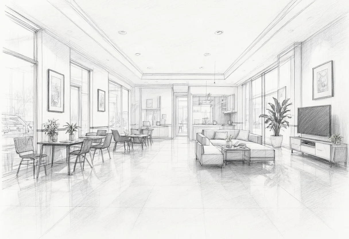 Showroom floor with cool clean light, wide angle