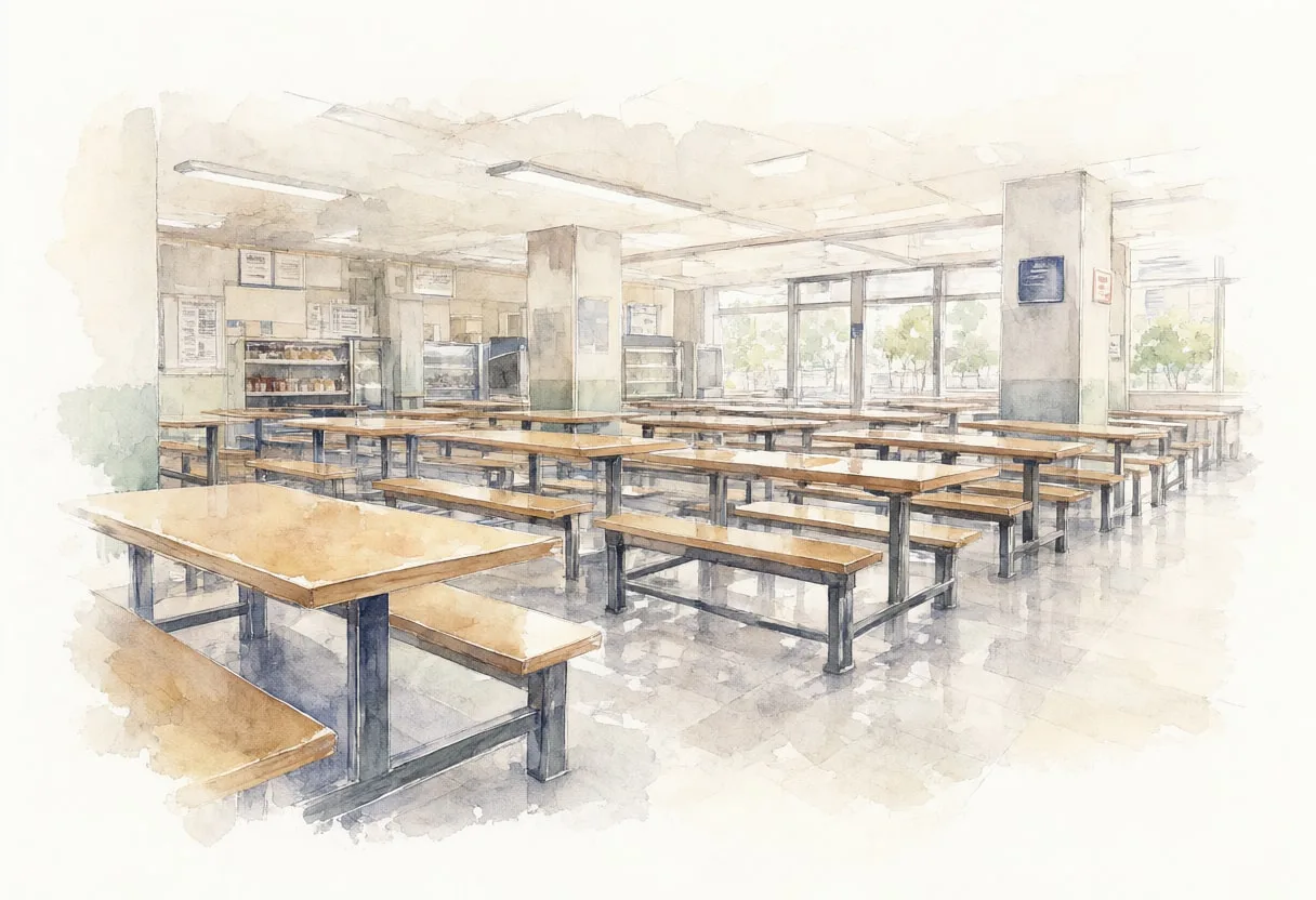 Canteen table in muted tones, wide angle