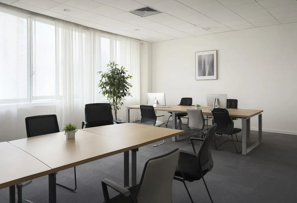 Quiet focus room in soft daylight, wide angle