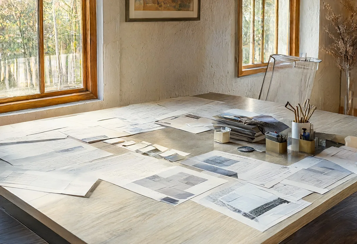 Project board with warm window light, wide angle