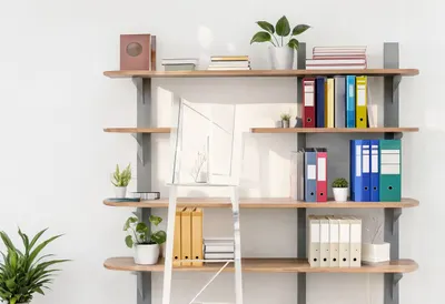 Bookshelf office in a minimal setting, wide angle