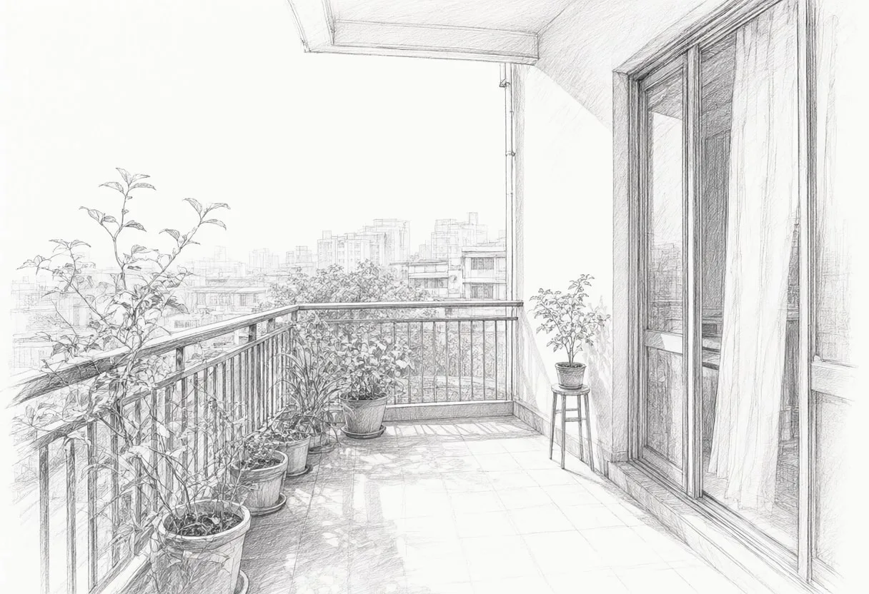 Balcony break with cool clean light, wide angle