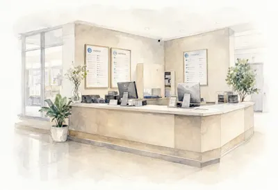 Service counter in muted tones, wide angle