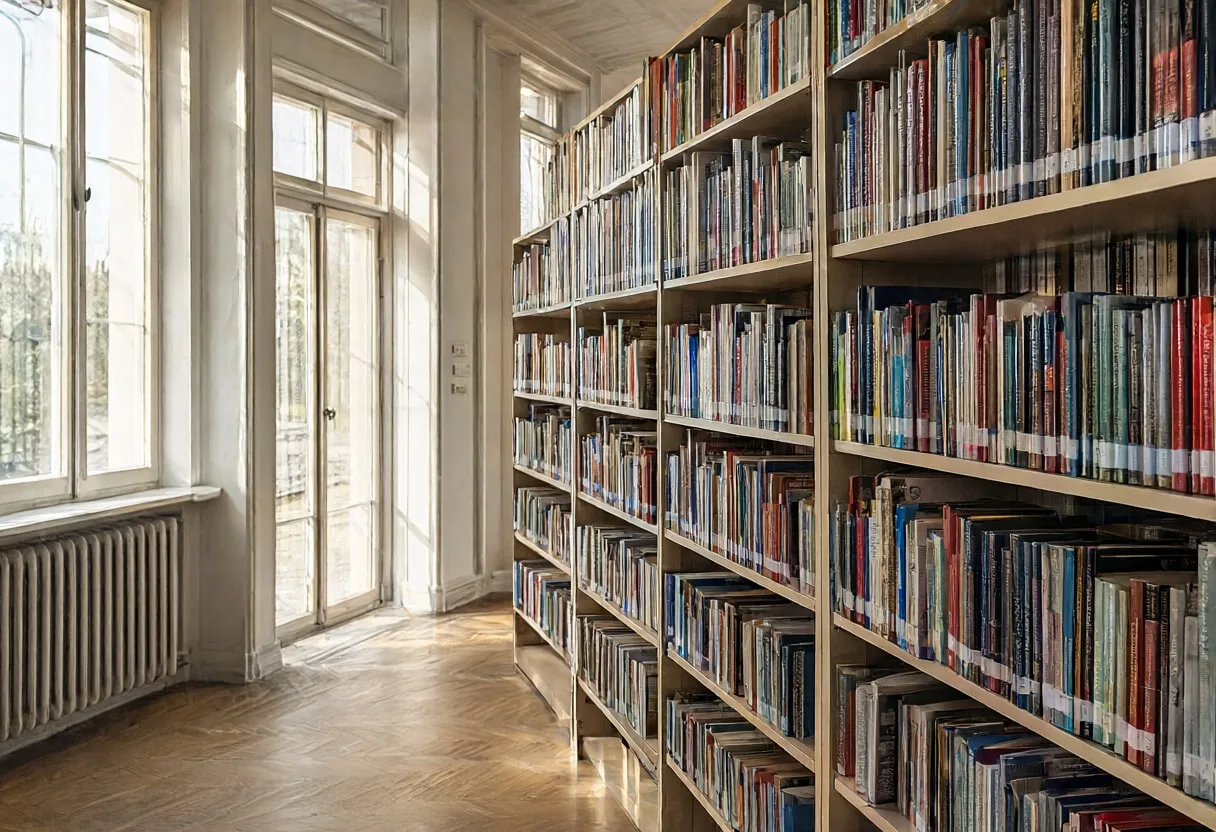 Archive shelves with warm window light, wide angle