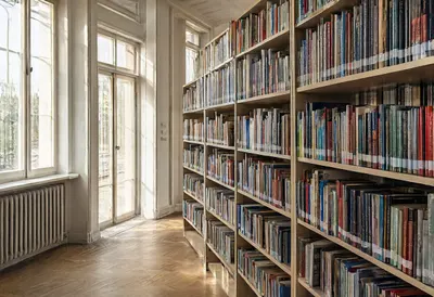 Archive shelves with warm window light, wide angle
