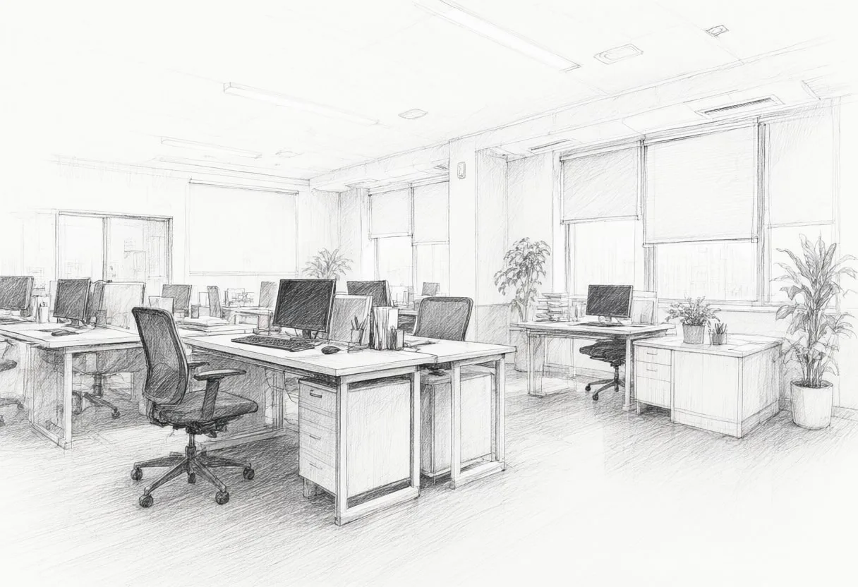 Copy room with cool clean light, wide angle