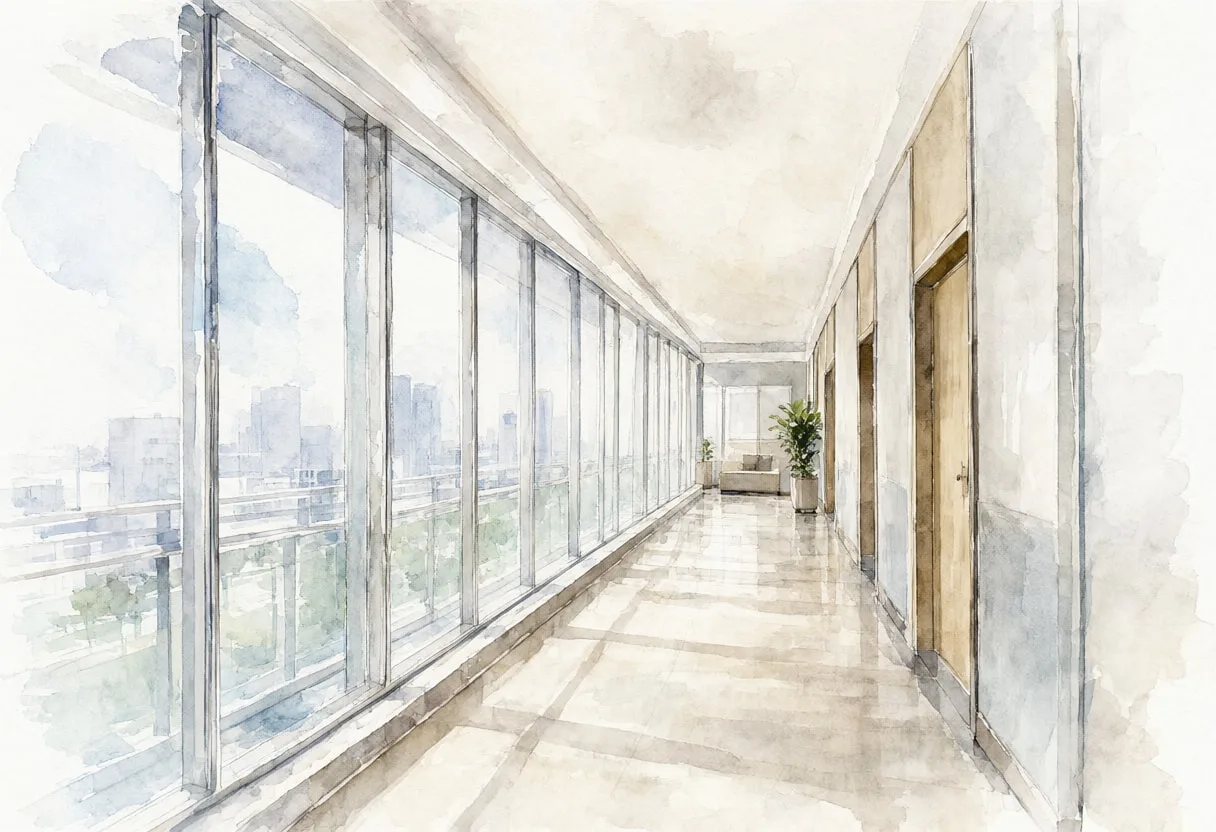 Glass corridor in muted tones, wide angle