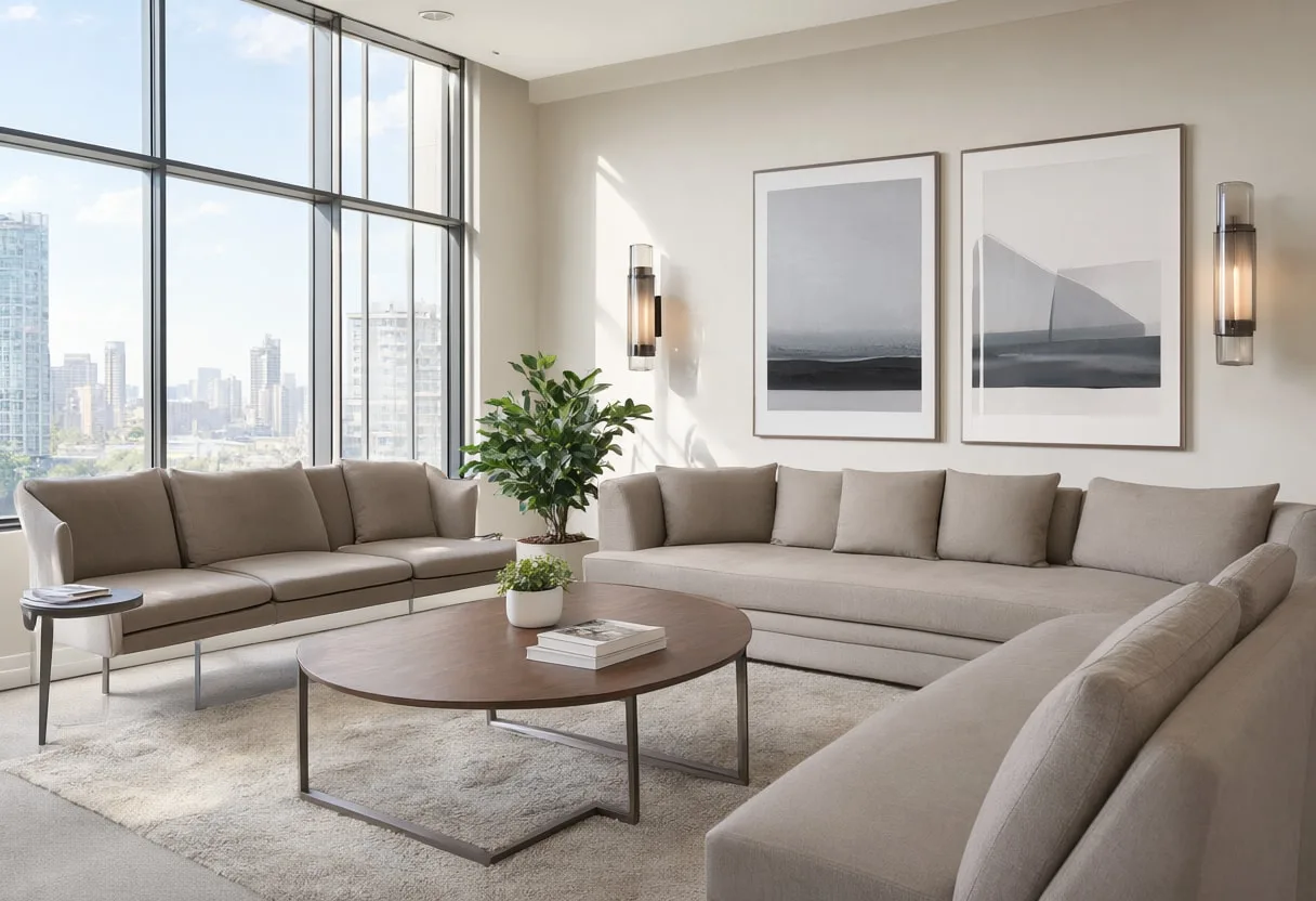 Client lounge in soft daylight, wide angle