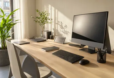 Data desk with warm window light, wide angle