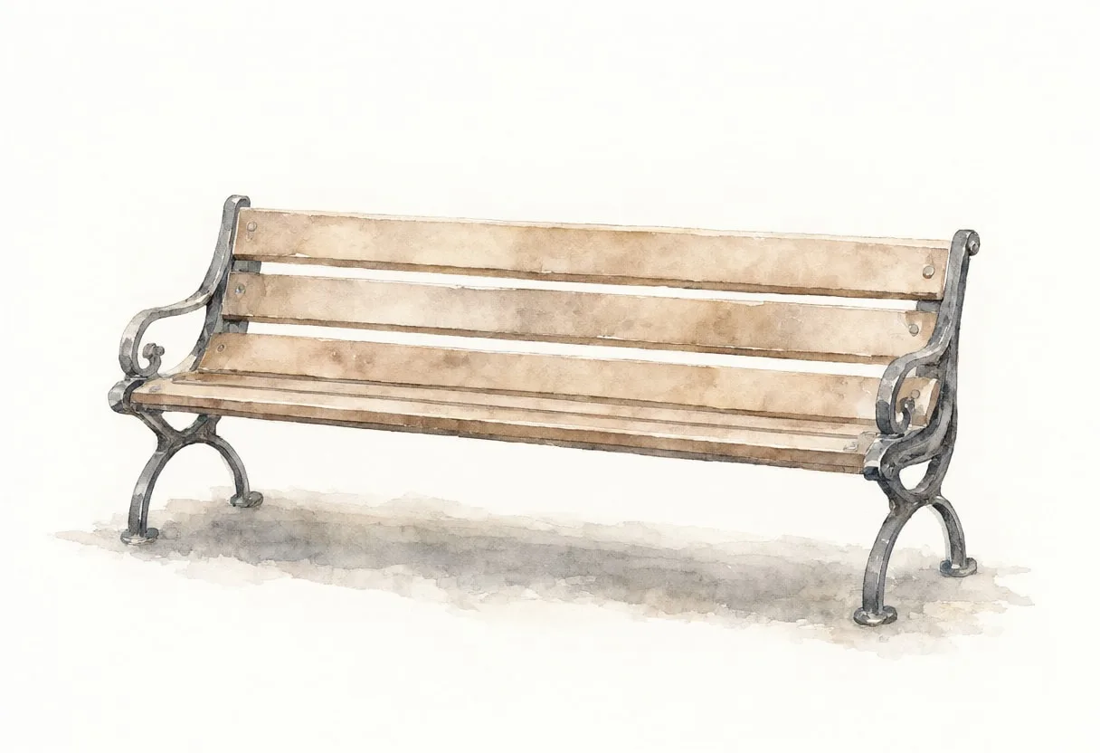 Quality bench in muted tones, wide angle