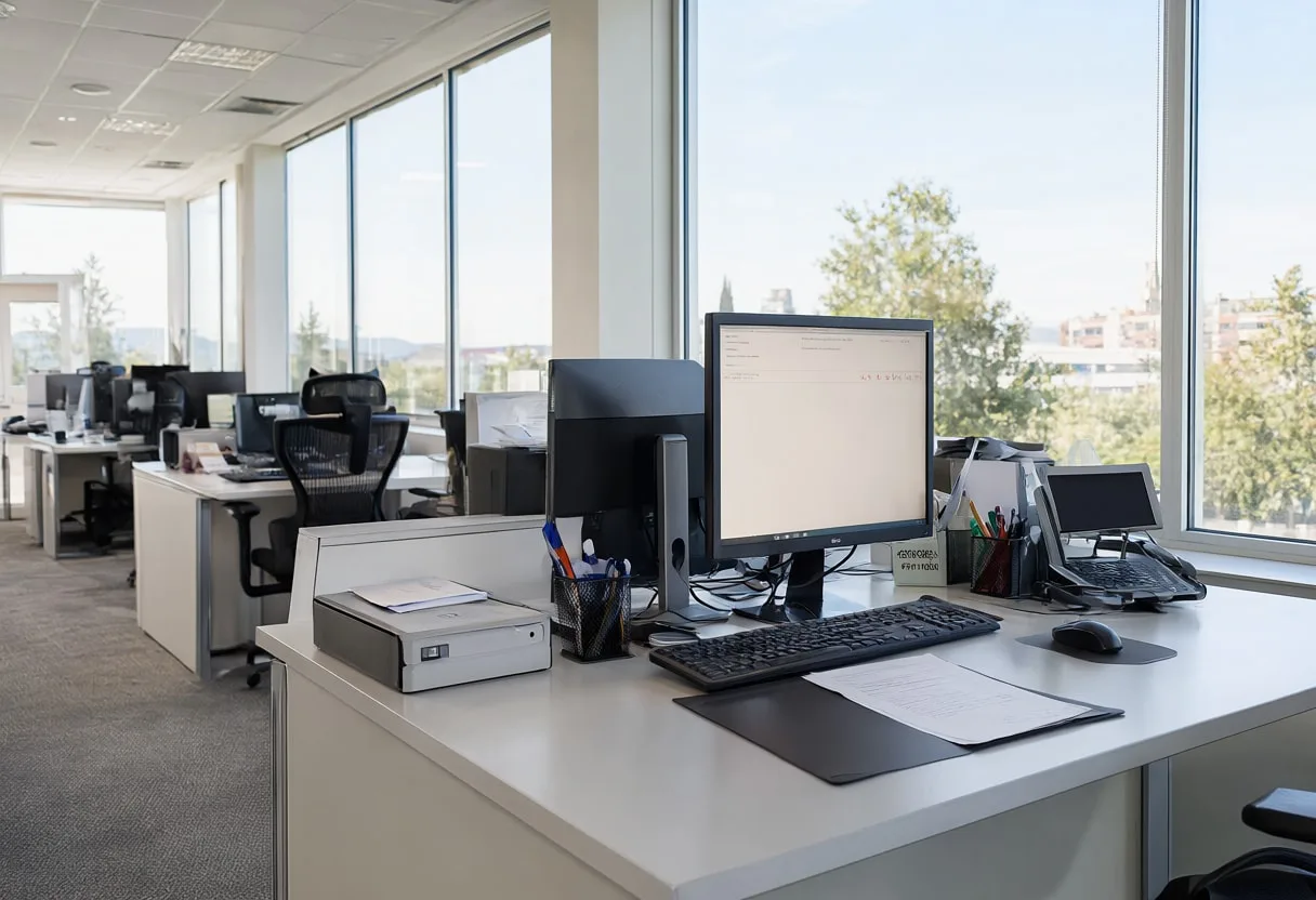 Dispatch desk in soft daylight, wide angle