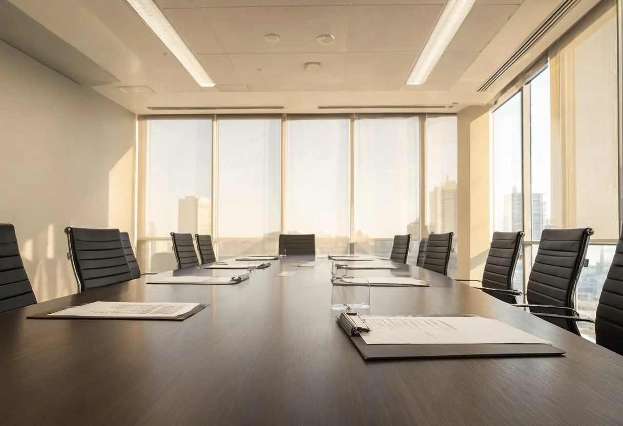 Boardroom table with warm window light, low angle