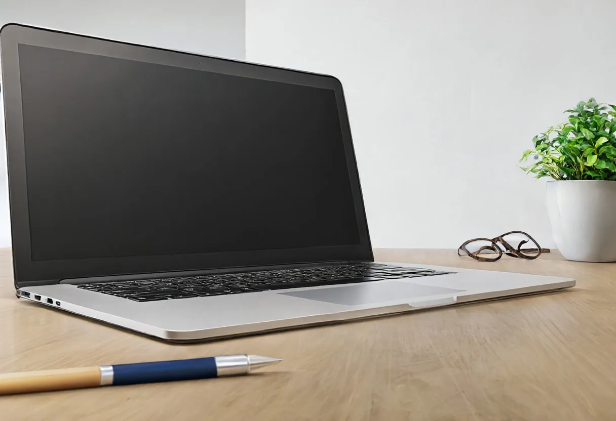 Desk with laptop in a minimal setting, low angle