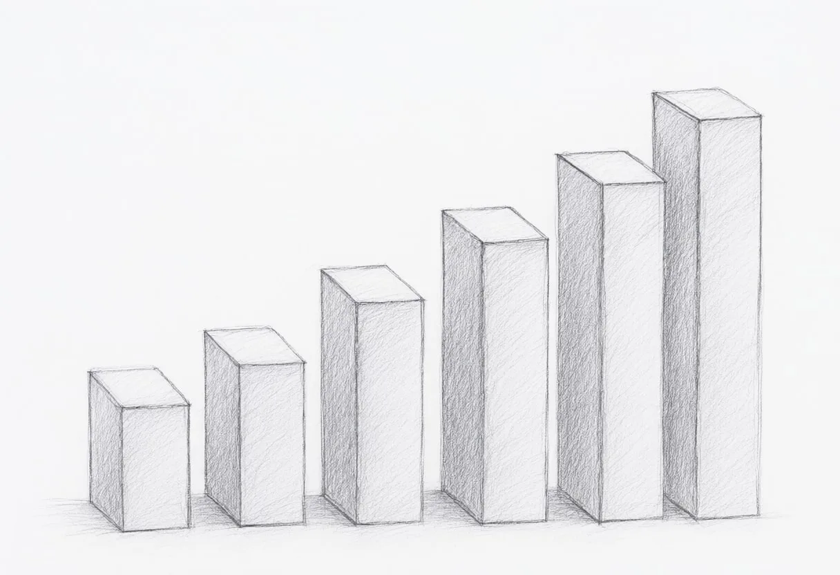 Rising bar chart with cool clean light, low angle