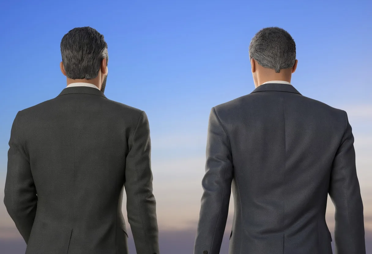 Two colleagues from behind at dusk, low angle