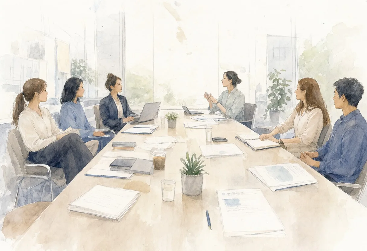 Meeting notes in muted tones, low angle
