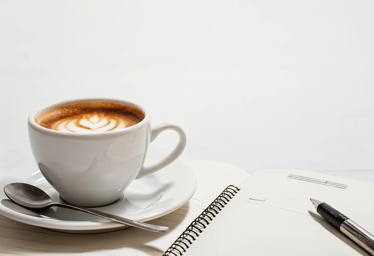 Coffee and report in a minimal setting, low angle