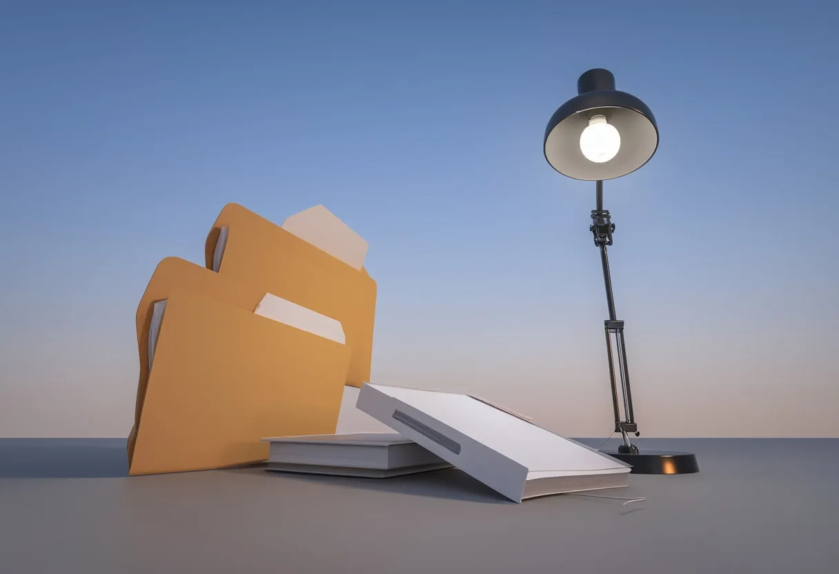 Folders and lamp at dusk, low angle