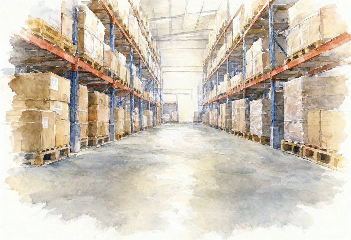Warehouse aisle in muted tones, low angle