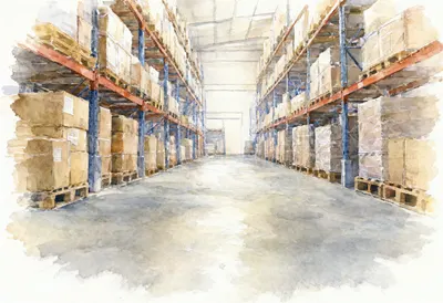 Warehouse aisle in muted tones, low angle