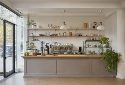 Shop counter in soft daylight, low angle